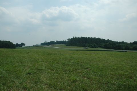 2000 Ford Mustang - A wide view of a rural landscape a road winding through a grassy field under a cloudy sky.