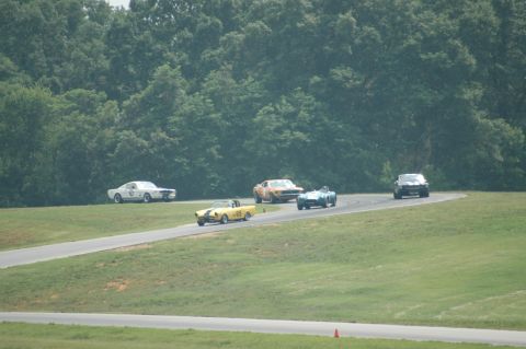 2000 Ford Mustang - Multiple vintage race cars are competing on a track surrounded by lush green grass and trees.