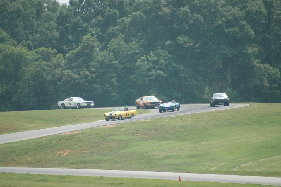 Several vintage race cars driving on a track with trees in the background