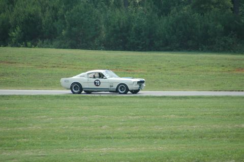 2000 Ford Mustang - A white 1967 Shelby GT500 Mustang race car with number 79 on its side speeds along a track bordered by grassy fields.