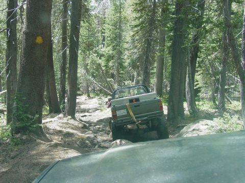 1986 Ford Bronco - A gray pickup truck navigates a challenging, rocky path through a dense forest.