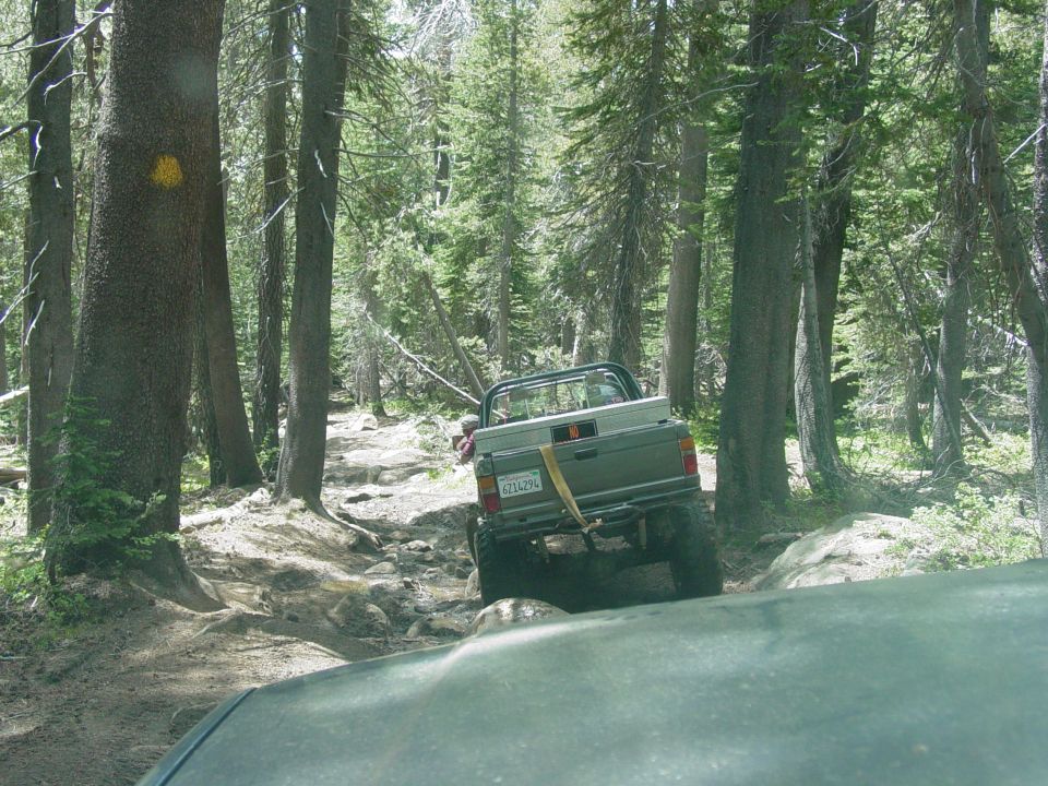 Rear view of gray pickup truck on rocky forest trail, license plate visible