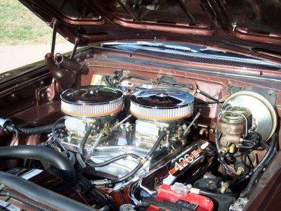 1972 Ford Ranchero - Close-up of a "426" engine with dual carburetors and chrome air cleaners.