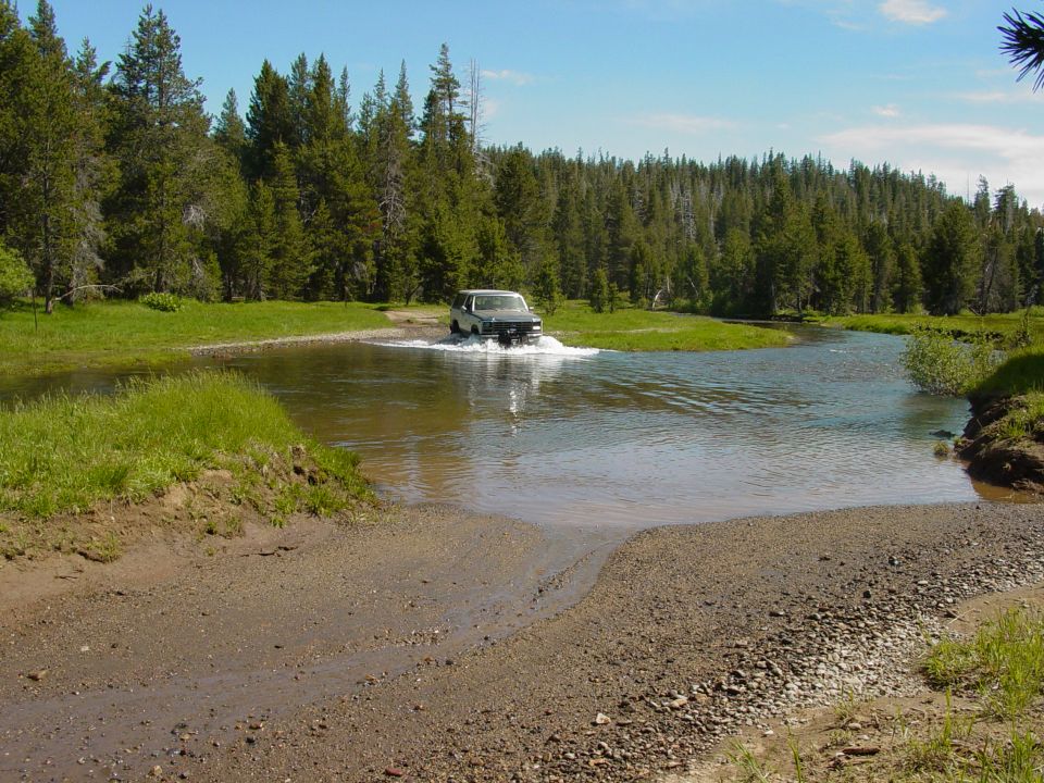 SUV driving through water on a dirt road, trees and sky in background