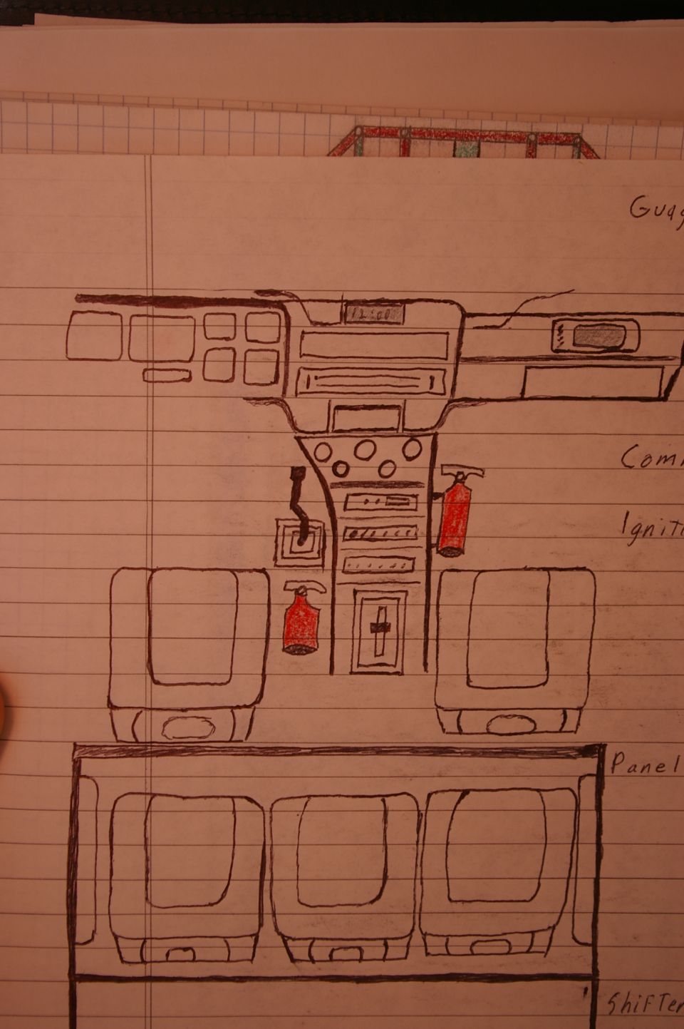 Hand-drawn notebook sketch of a custom vehicle dashboard and interior layout with labels