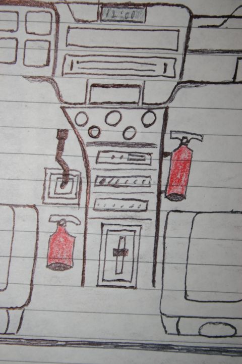1986 Ford Bronco - Amateur hand-drawn concept sketch of a custom dashboard center stack with gauges, switches, and fire extinguishers; not a manufacturer tech…