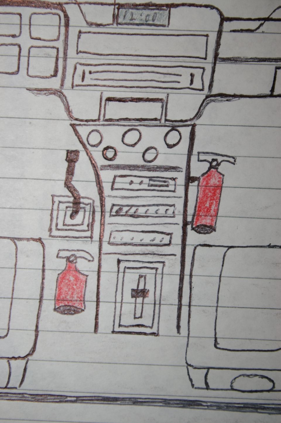 Hand-drawn close-up sketch of a custom dashboard center stack with gauges and switches