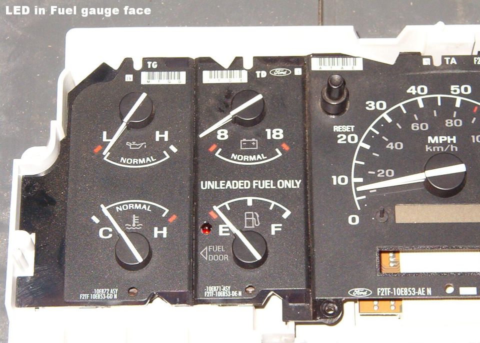 Ford truck gauge faces for oil, voltmeter, temp, fuel and speedometer labeled Unleaded Fuel Only