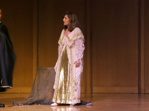 1996 Ford Probe - A performer in a long, ornate gown stands on a stage during a theatrical production.