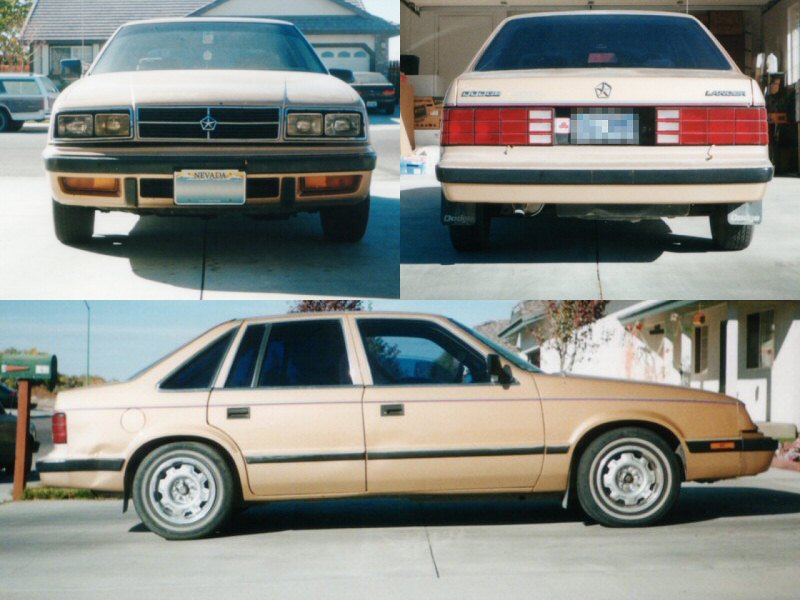 Tan 1980s Dodge Lancer sedan shown front, rear and side views