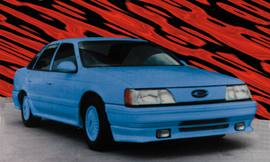 1993 Ford Taurus - A light blue 1993 Ford Taurus is shown from the front-right angle against a red abstract background.