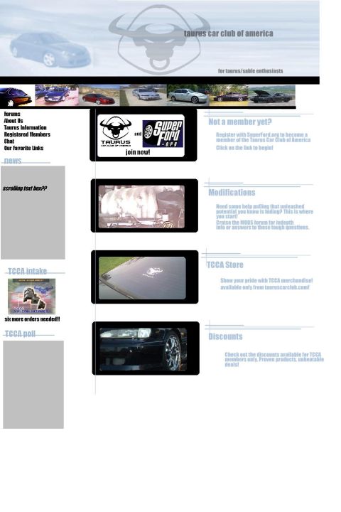 1993 Ford Taurus - This is a screenshot of a website for the Taurus Car Club of America, various sections and images related to the car.