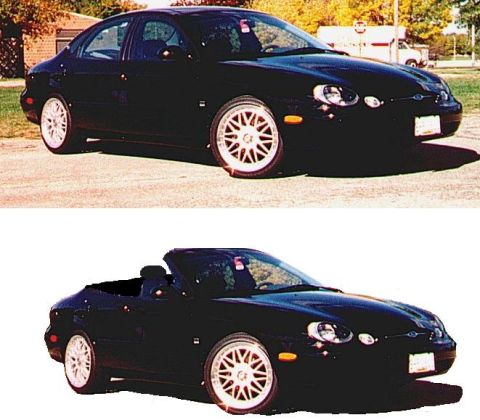 1993 Ford Taurus - Two black Ford Taurus models, a sedan and a convertible, are shown with aftermarket wheels.