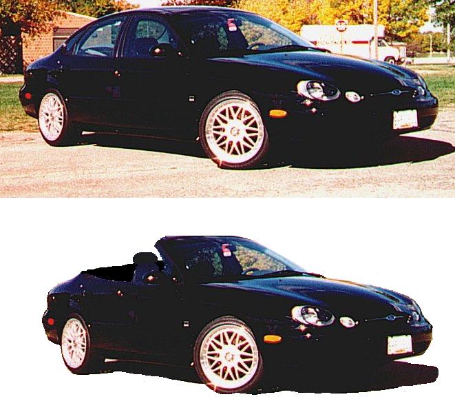 Black Ford sedan, top original and bottom edited to look like a convertible, on silver alloy wheels.