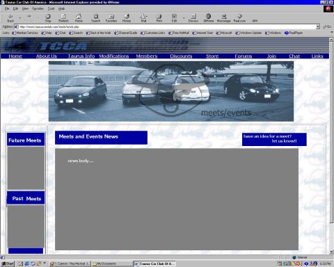 1993 Ford Taurus - Screenshot of a car club website several vehicles and event information.