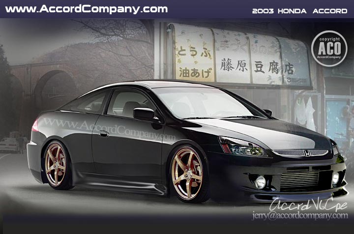 Black Honda coupe, 3/4 front view, lowered with bronze wheels and front intercooler