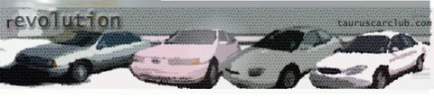 1993 Ford Taurus - A collection of sedans, including a pink and a white model, are parked together with club branding overhead.