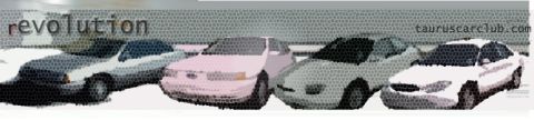 1993 Ford Taurus - A row of four Ford Taurus sedans, including a pink and a white model, with 'revolution' and 'tauruscarclub.com' visible.