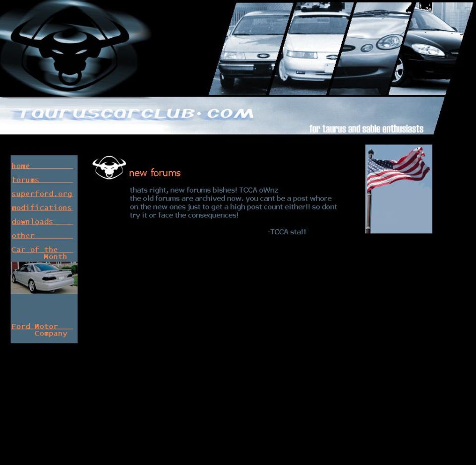 Screenshot of the tauruscarclub.com homepage announcing new forums