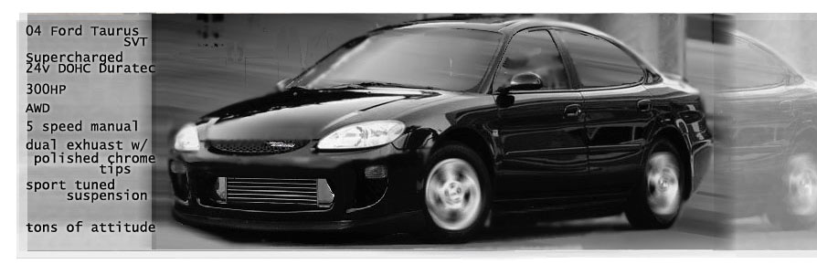 Black Ford Taurus sedan, 3/4 front view with spec text overlay