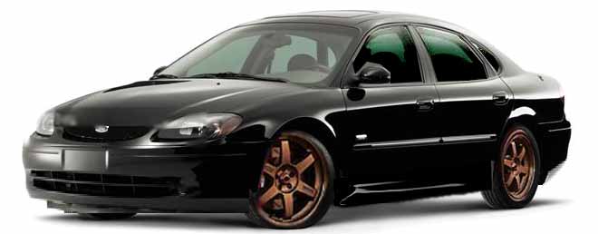 Black Ford Taurus sedan rendering with bronze five-spoke wheels on white background