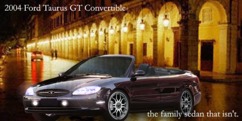 1998 Ford Taurus - A digitally rendered mock advertisement showing a dark purple two-door convertible with the top down, chrome multi-spoke wheels, projector…