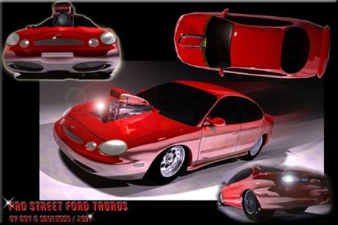 1998 Ford Taurus - Digital rendering collage titled "Pro Street Ford Taurus by Roy R Sorenson / 2001" showing a candy-red Taurus sedan from four angles, front…