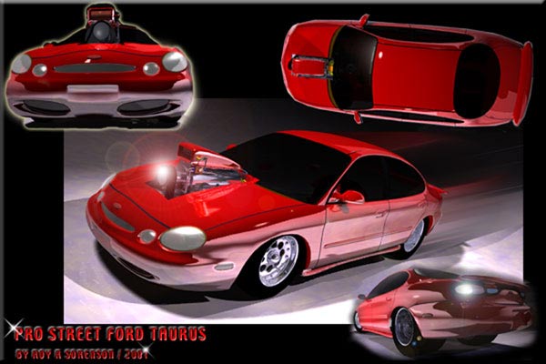 Digital art collage of a red pro-street Ford Taurus with hood blower, four angles on black