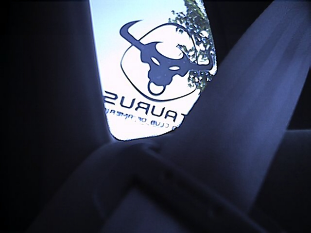 Backlit Taurus Car Club of America decal seen through tinted glass, bull logo