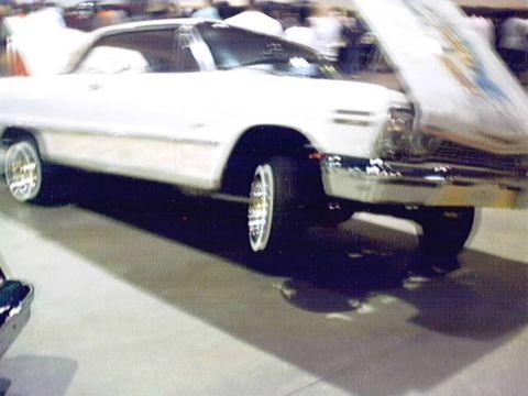 1998 Ford Taurus - A white 1964 Chevrolet Impala is displayed with its hood open, its classic design and custom wheels.
