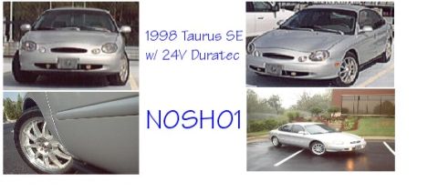 1998 Ford Taurus - A photo collage of a silver 1998 Ford Taurus SE sedan shown from multiple angles, including front, 3/4-front, a close-up of a chrome/multi-…
