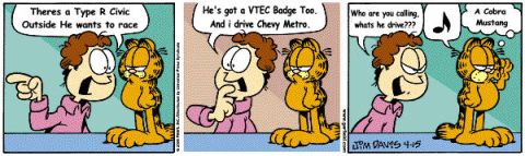 1998 Ford Taurus - Jon Arbuckle and Garfield discuss cars, mentioning a Type R Civic, Chevy Metro, and Cobra Mustang.