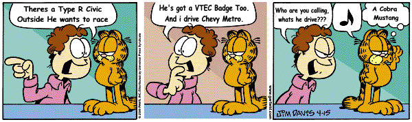 Garfield comic strip with Jon Arbuckle and Garfield discussing cars