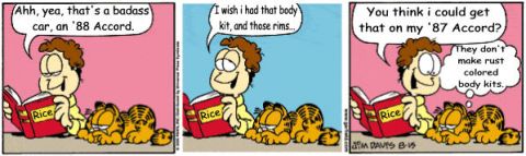 1998 Ford Taurus - Three-panel edited Garfield comic strip in which Jon reads a book labeled "Rice" and jokes about an '88 Accord, body kits and rims, ending…