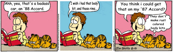 Edited three-panel Garfield comic joking about Honda Accord body kits and rims