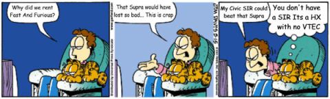1998 Ford Taurus - A three-panel Garfield comic strip edited with car-forum joke dialogue, in which Jon and Garfield sit in a chair trading lines about rentin…