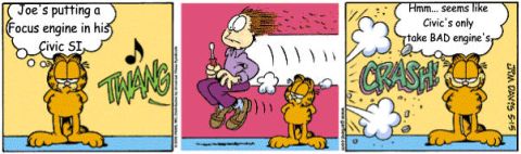 1998 Ford Taurus - A three-panel Garfield comic strip edited with custom car-forum joke text, the thought bubbles reading "Joe's putting a Focus engine in his…