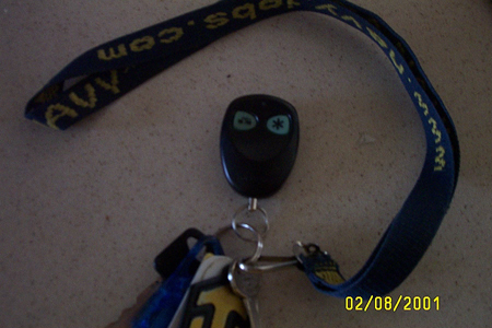 1993 Ford Taurus - A black key fob with a distinctive face-like design hangs from a blue lanyard with yellow lettering.