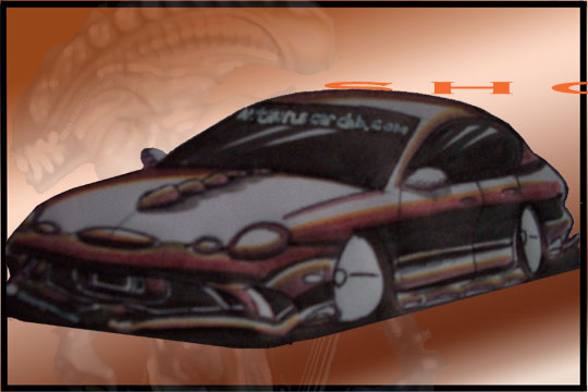 Cartoon caricature drawing of a lowered sedan with exaggerated body, SHO text