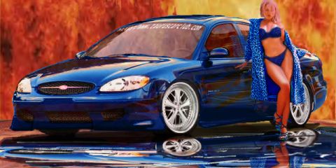 1993 Ford Taurus - Photoshopped poster art of a lowered blue Ford Taurus sedan in front three-quarter view on a reflective floor, wearing a mesh billet grille…