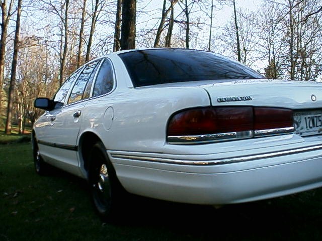 White full-size sedan rear 3/4 view parked on grass in wooded area