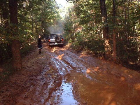 1990 Ford Bronco - A 1990 Ford Bronco navigates a challenging muddy path in a wooded area, with another vehicle visible ahead.