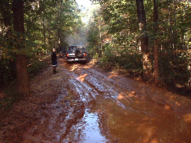 Dark Bronco SUV parked on a muddy forest trail, rear view, person standing nearby