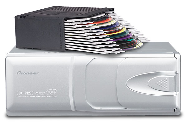 Silver Pioneer CDX-P1270 12-disc CD changer with black cartridge holding fanned CDs