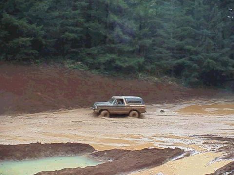 1978 Ford Bronco - A 1978 Ford Bronco navigates a challenging muddy terrain, with dense foliage visible on the hillside.