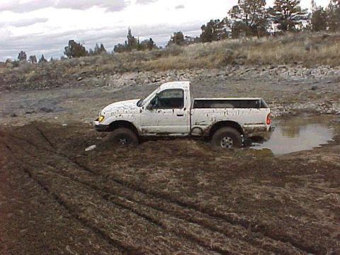 1978 Ford Bronco - A white pickup truck is stuck in a muddy area with water.