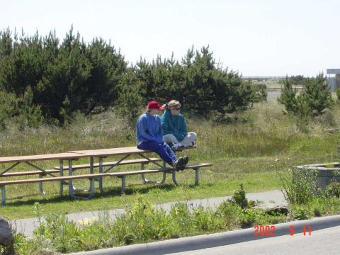 1996 Ford Bronco - Two people relax on a picnic table in a grassy area with trees in the background. A watermark indicates the photo is from 2002.
