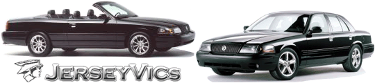 Two black Mercury sedans with JerseyVics logo and shark icon
