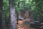 1979 Ford Bronco - A group of people are gathered around a vehicle on a dirt trail surrounded by trees.