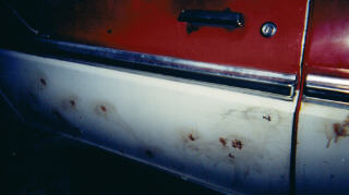 1978 Ford Bronco - The side of a vehicle shows signs of wear and tear, with multiple rust spots visible on the white lower panel.